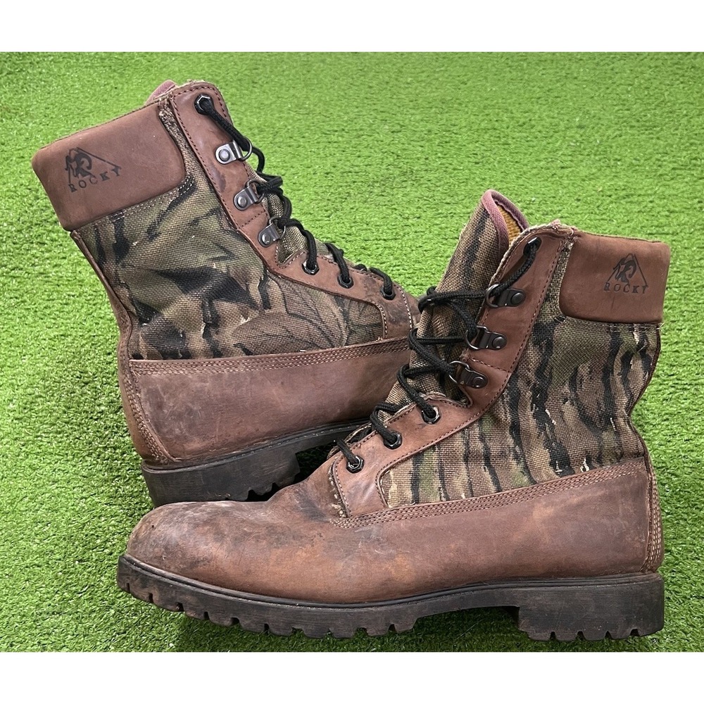 Vintage Mossy Oak Bottomland Boots SZ 12 Leather Canvas 90s Hunting Rocky Boots